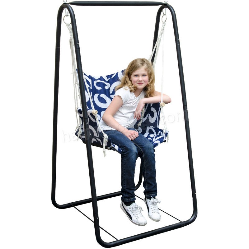 Soldes en ligne Balançoire complète: chaise + châssis en métal | Pour les enfants et les adultes | Avec accoudoirs et dossier | en nylon rembourrée | pour la maison et le jardin | bleu avec cercles - -0