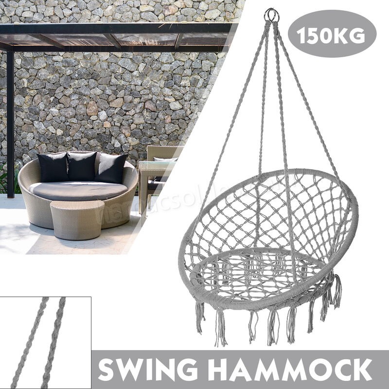 Soldes en ligne Chaise hamac balançoire en macramé, chaise en corde de coton suspendue tricotée à la main pour la cour de patio à la maison (gris) - -3