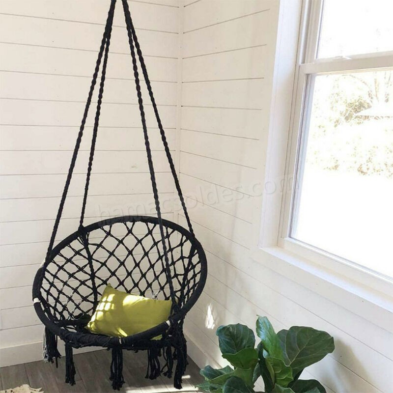 Soldes en ligne Balançoire de chaise de hamac de 120kg Max, chaise d'oscillation de hamac de macramé de corde de coton suspendue pour la maison d'intérieur, extérieure, patio, porche, terrasse, cour, jardin noir noir - -0