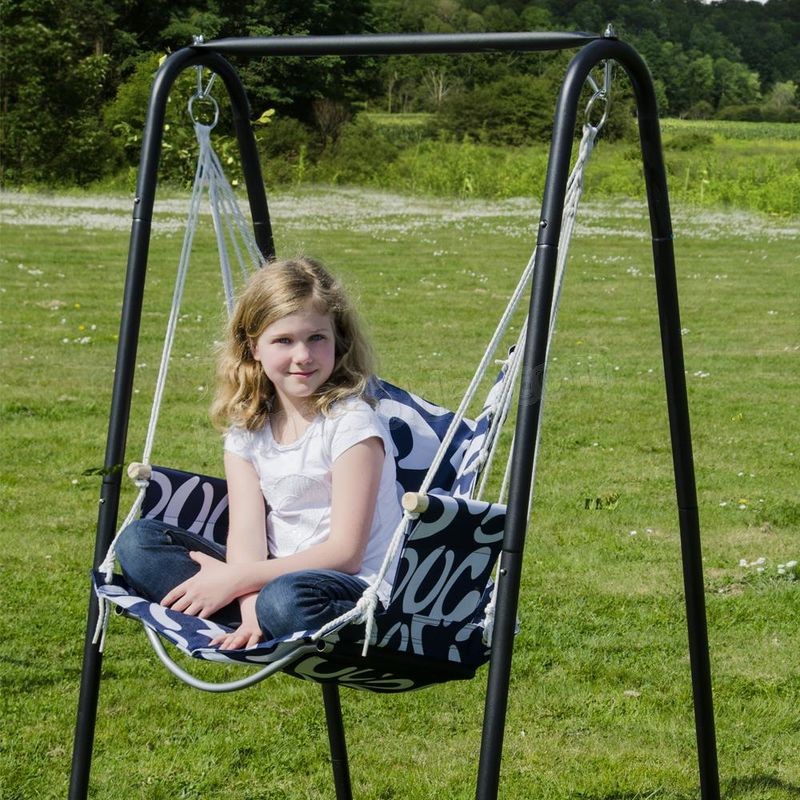 Soldes en ligne Balançoire complète: chaise + châssis en métal | Pour les enfants et les adultes | Avec accoudoirs et dossier | en nylon rembourrée | pour la maison et le jardin | bleu avec cercles - -2