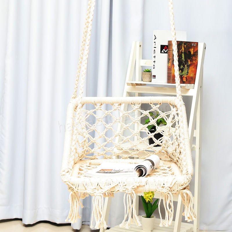 Soldes en ligne Chaise hamac tricotée en macramé suspendu en corde de coton hamac pompon balançoire porche - -3