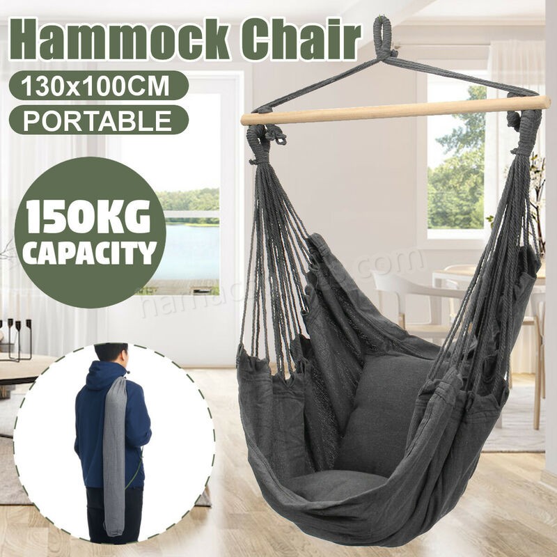 Soldes en ligne Chaise hamac suspendue portable balançoire épaissir porche siège jardin Camping en plein air Patio voyage avec oreiller gris Avec oreillers - -0
