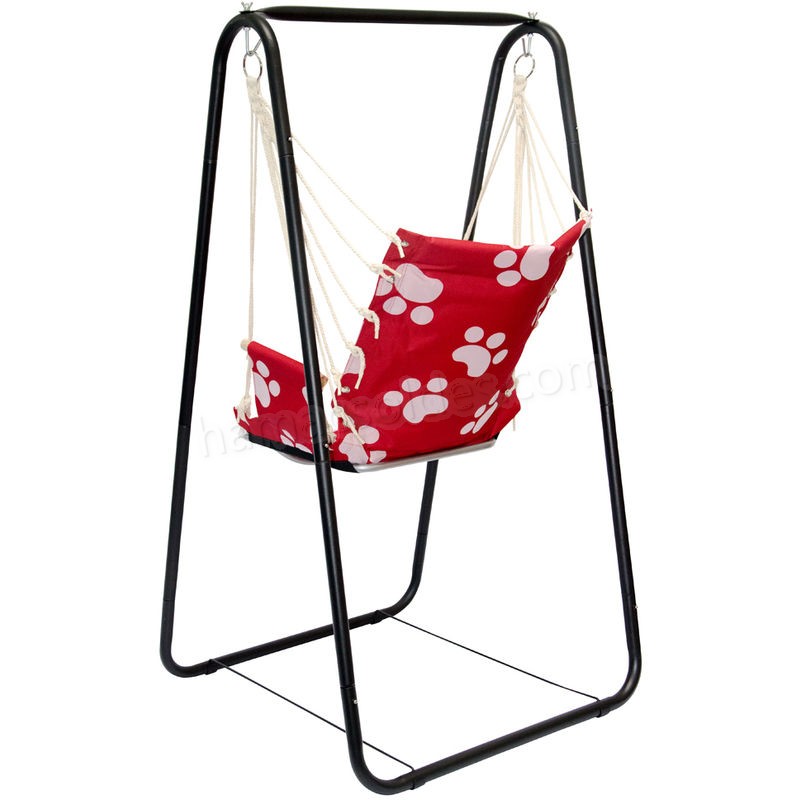 Soldes en ligne Balançoire complète: chaise + châssis en métal | Pour les enfants et les adultes | Avec accoudoirs et dossier | en nylon rembourrée | pour la maison et le jardin | rouge avec empreintes de chat - -3