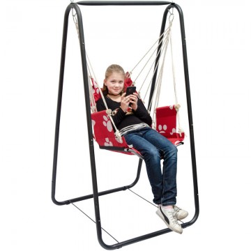 Soldes en ligne Balançoire complète: chaise + châssis en métal | Pour les enfants et les adultes | Avec accoudoirs et dossier | en nylon rembourrée | pour la maison et le jardin | rouge avec empreintes de chat