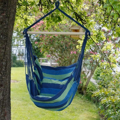 Soldes en ligne Hamac de jardin extérieur chaise suspendue balançoire bleu/vert avec 2 coussins