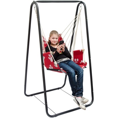 Soldes en ligne Balançoire complète: chaise + châssis en métal | Pour les enfants et les adultes | Avec accoudoirs et dossier | en nylon rembourrée | pour la maison et le jardin | rouge avec empreintes de chat
